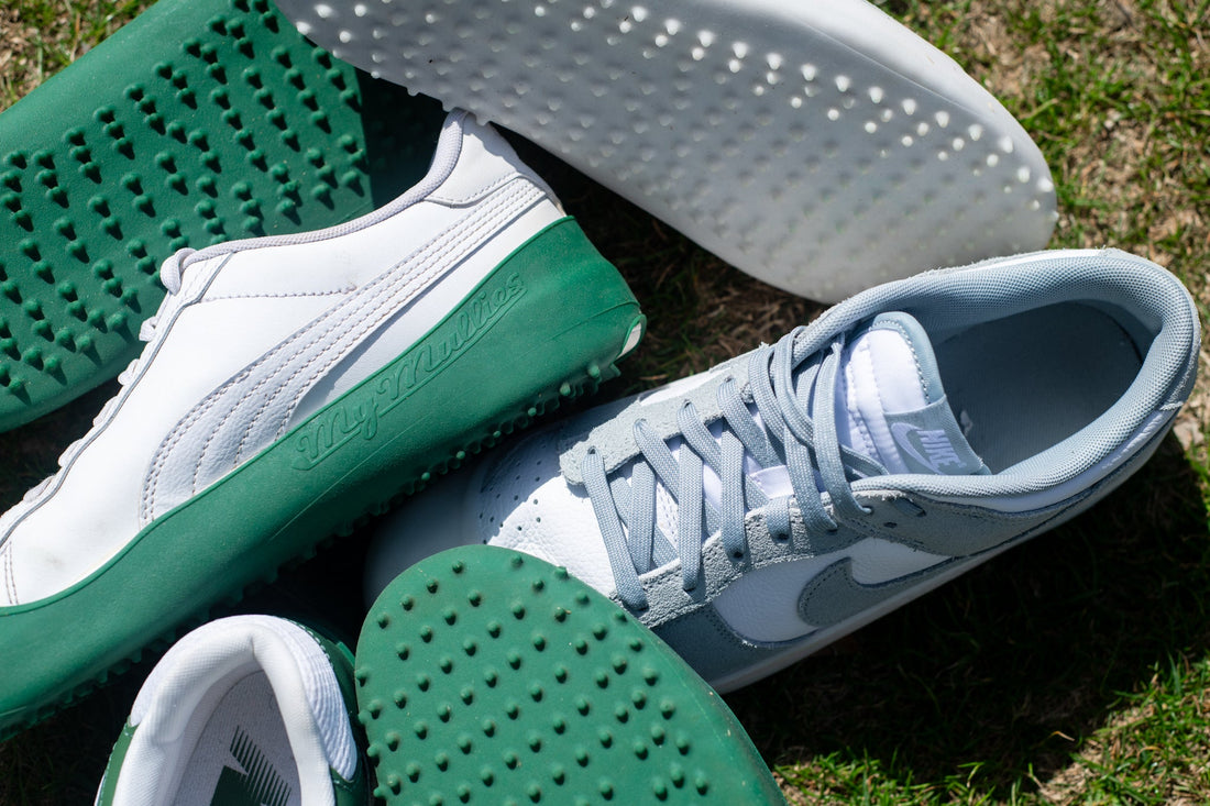 Comparing traditional golf shoes with MyMullies on sneakers