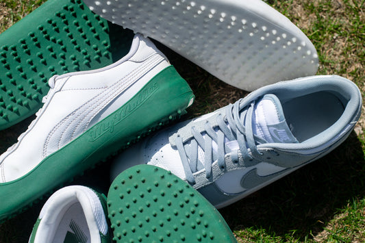 Comparing traditional golf shoes with MyMullies on sneakers